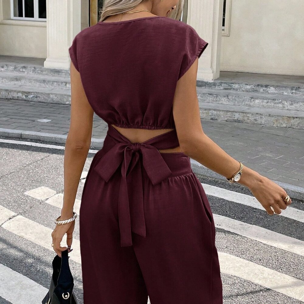 Burgundy Casual Women's Cropped Top and Pants Set - Picture 3 of 6